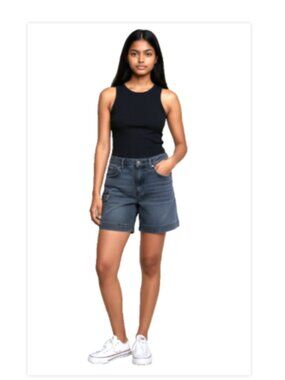 Women's Blue Denim Shorts 36 Waist Mid Rise Hemmed Casual EUC